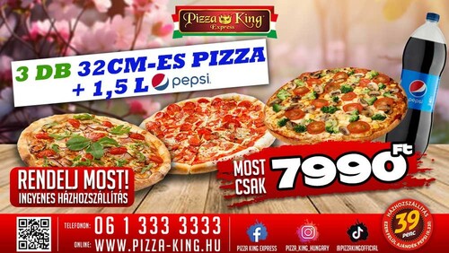 Pizza King Győr - 3 db normál pizza 1,5 literes Pepsivel - Szuper ajánlat - Online rendelés